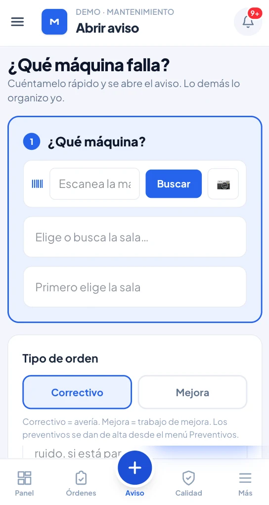 Abrir un aviso de avería desde el móvil de Makine: escanear la máquina, tipo de orden y qué le pasa
