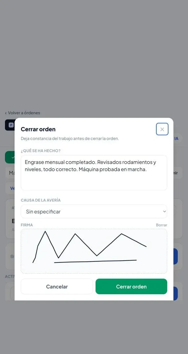 Cierre de un parte en el móvil de Makine: qué se ha hecho, causa de la avería y firma en pantalla