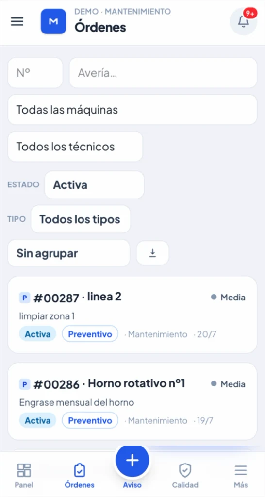 Lista de partes de trabajo en el móvil de Makine: máquina, avería, estado y prioridad de cada parte