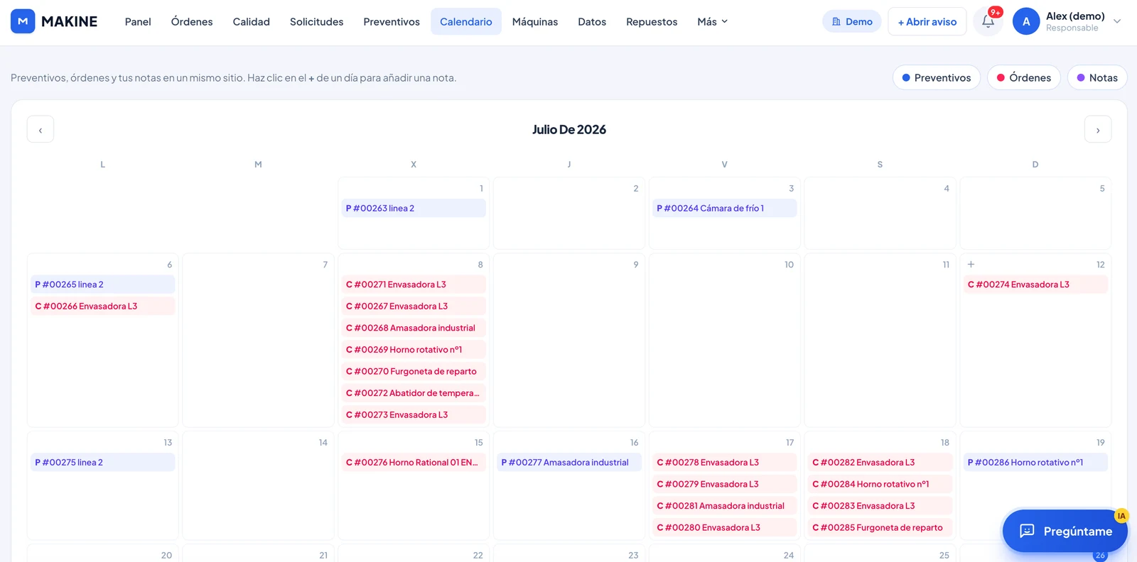 Calendario de mantenimiento preventivo en Makine con las órdenes de cada día