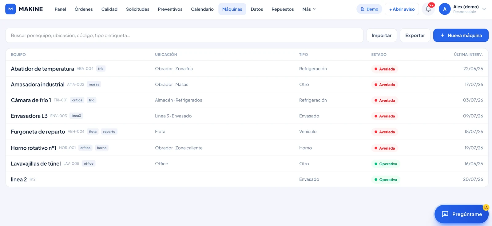 Listado de equipos con su ubicación, tipo y estado