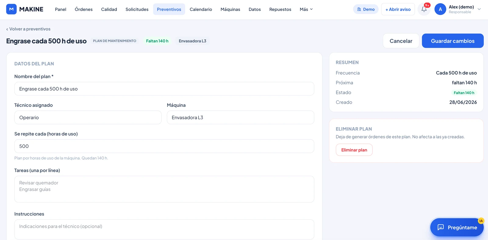 Ficha de un plan de mantenimiento preventivo con su frecuencia y sus tareas