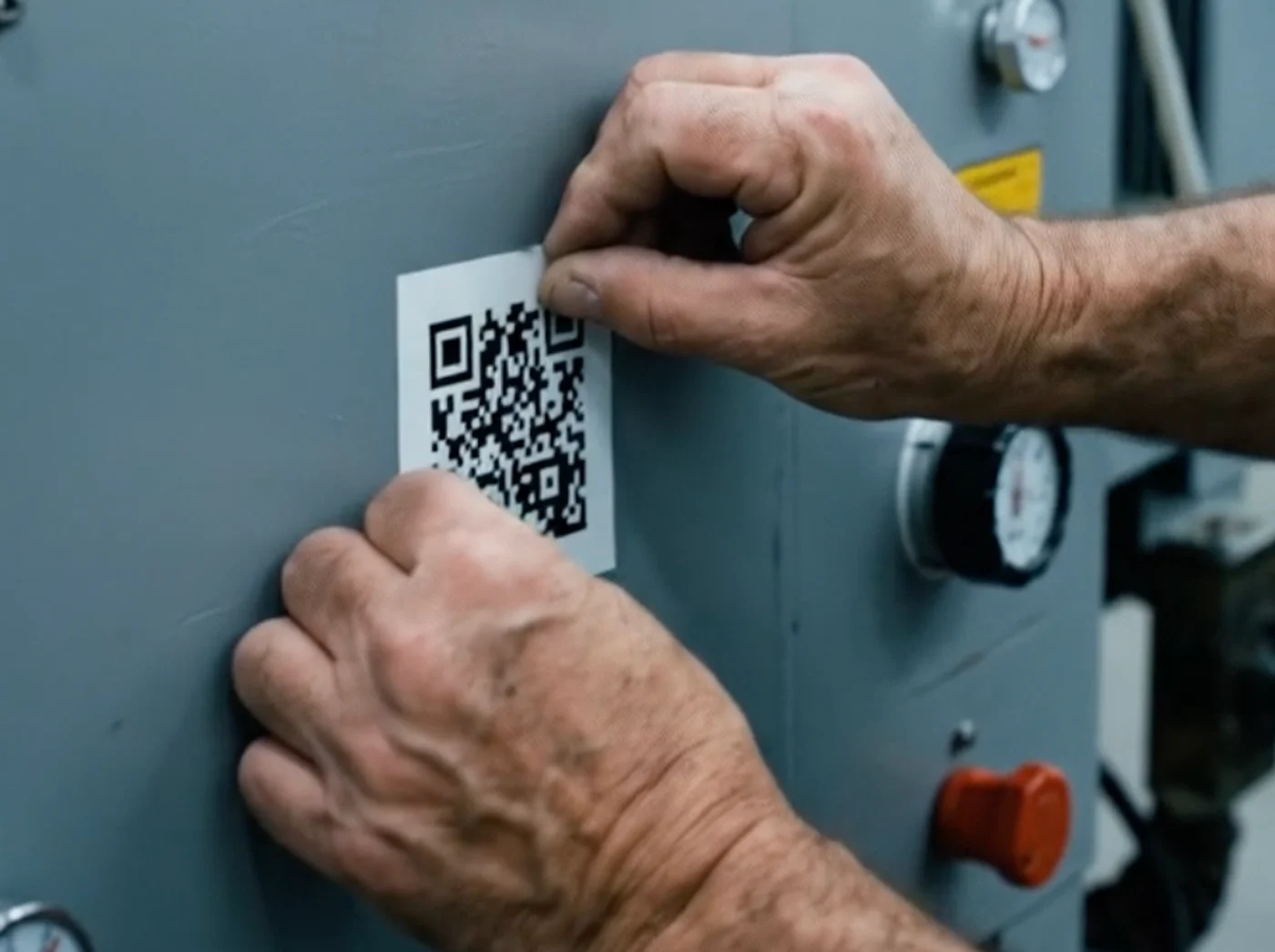 Un técnico pega la etiqueta con el código QR en el cuadro de una máquina industrial